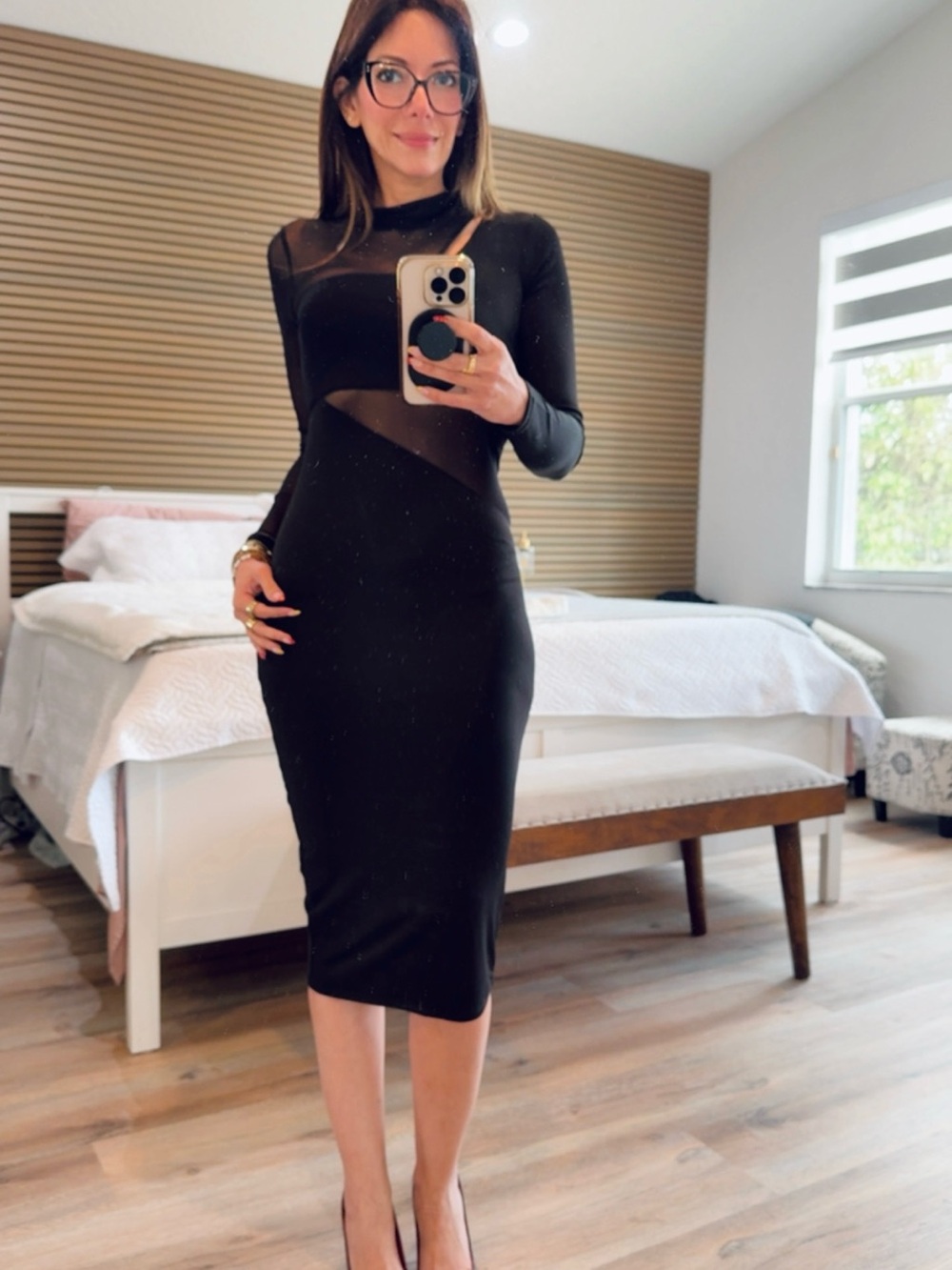 Forever 21 Black Sheer-Panel Midi Dress